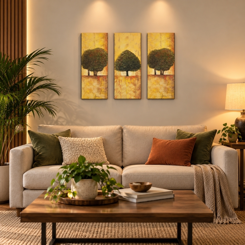 3 Panel Trees Wall Art Canvas Framed Picture 12x36 Modern Nature Decor Set